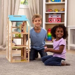 Melissa & Doug Hi-Rise Wooden 15pc Dollhouse with Furniture, Garage and Working Elevator